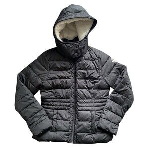 Hollister Black Puffer Jacket Womens L Hooded Fleece Lined Warm Coat